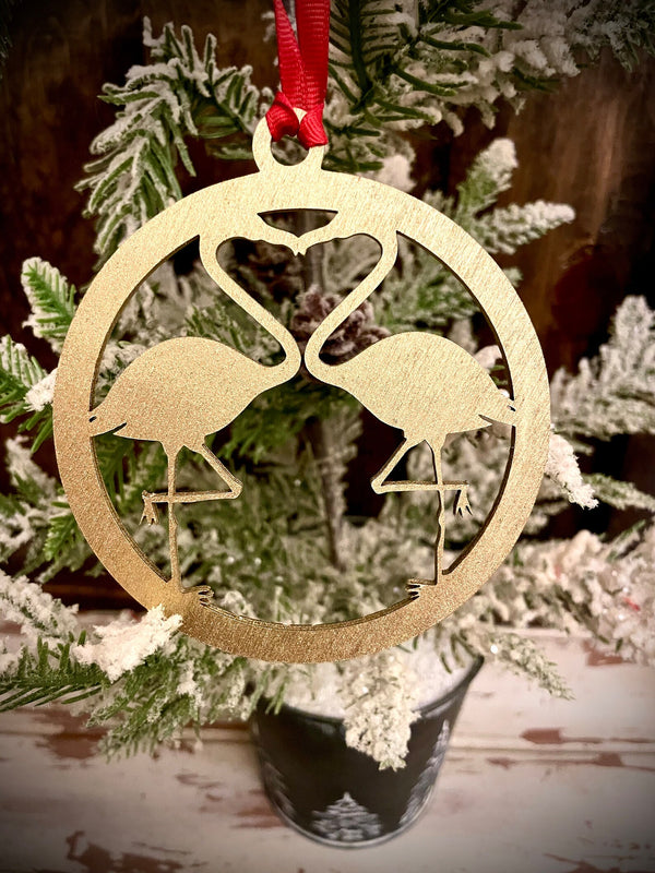 Boho Modern Art Deco Double Flamingo Wood Ornament