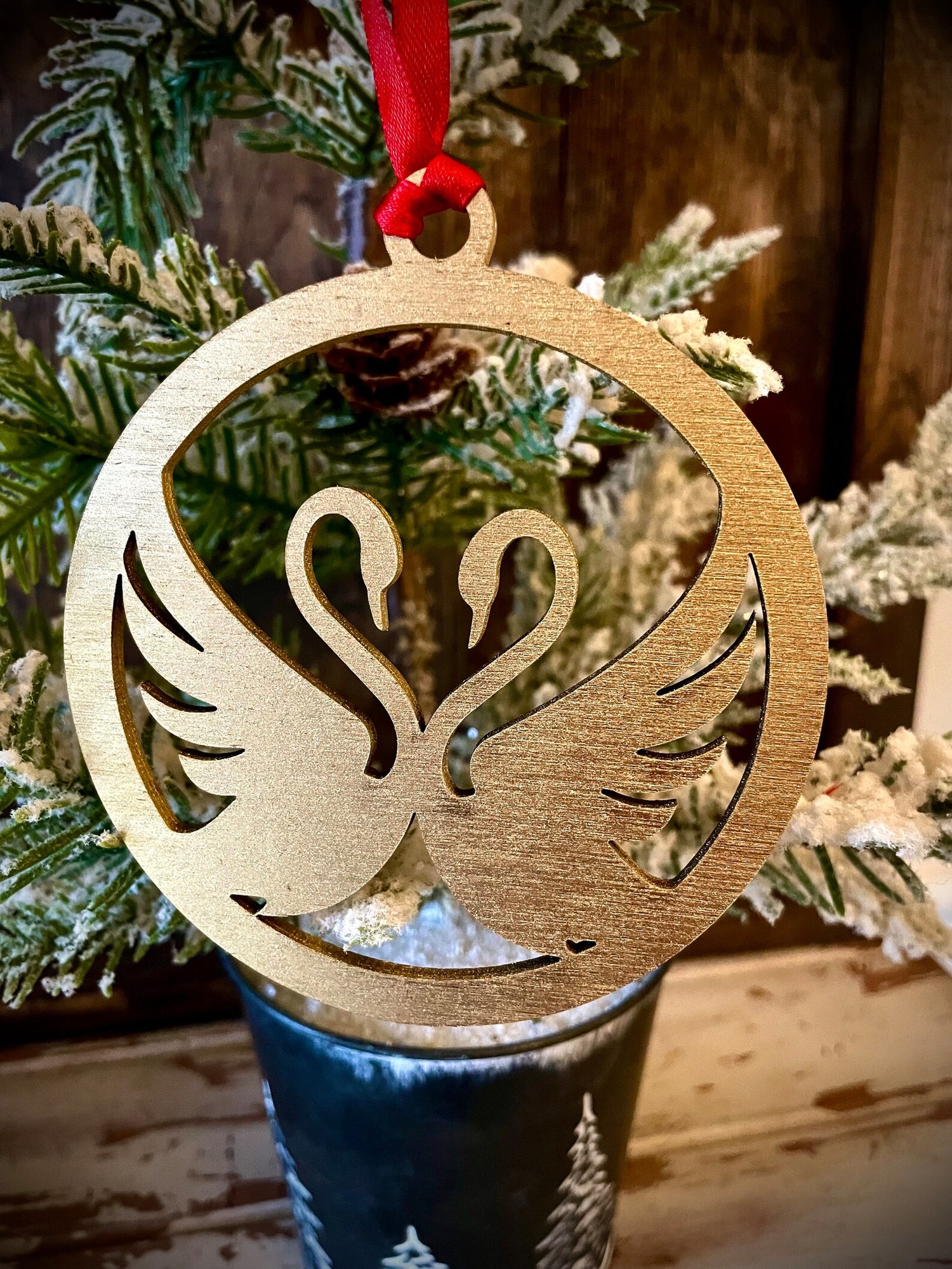 Boho Modern Art Deco Double Swan Wood Ornament