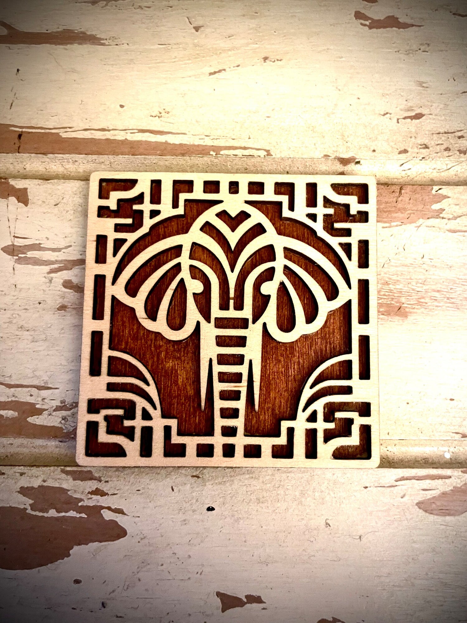 Boho Modern Art Deco Elephant 2-Layer Square Wood Art - In Magnet or Larger Sizes