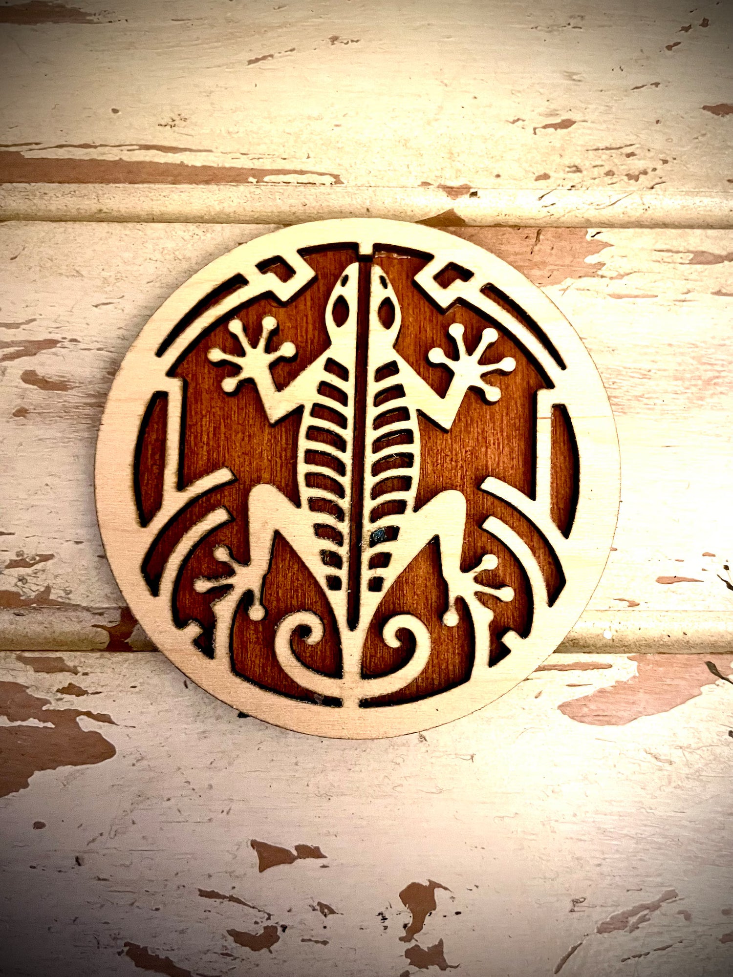 Boho Modern Art Deco Gecko 2-Layer Round Circle Wood Magnet