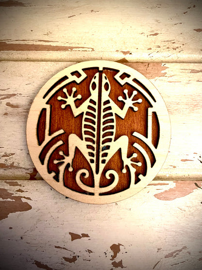 Boho Modern Art Deco Gecko 2-Layer Round Circle Wood Magnet