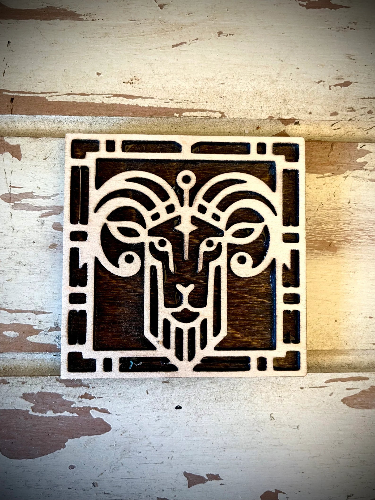 Boho Modern Art Deco Goat 2-Layer Square Wood Art - In Magnet or Larger Sizes