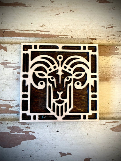 Boho Modern Art Deco Goat 2-Layer Square Wood Art - In Magnet or Larger Sizes