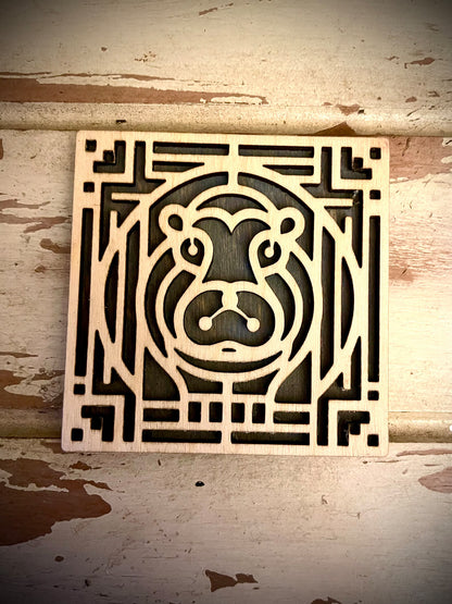 Boho Modern Art Deco Hippo / Hippopotamus 2-Layer Square Wood Art - In Magnet or Larger Sizes
