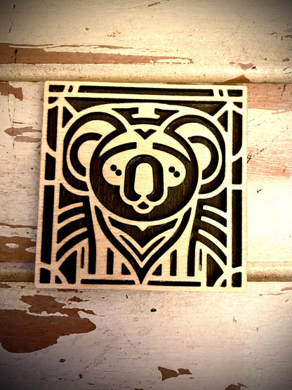 Boho Modern Art Deco Koala Bear 2-Layer Square Wood Art - In Magnet or Larger Sizes
