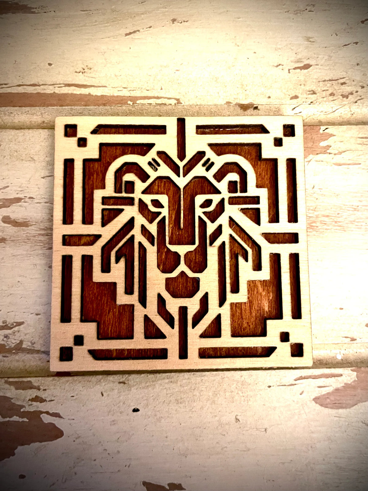 Boho Modern Art Deco Lion 2-Layer Square Wood Art - In Magnet or Larger Sizes