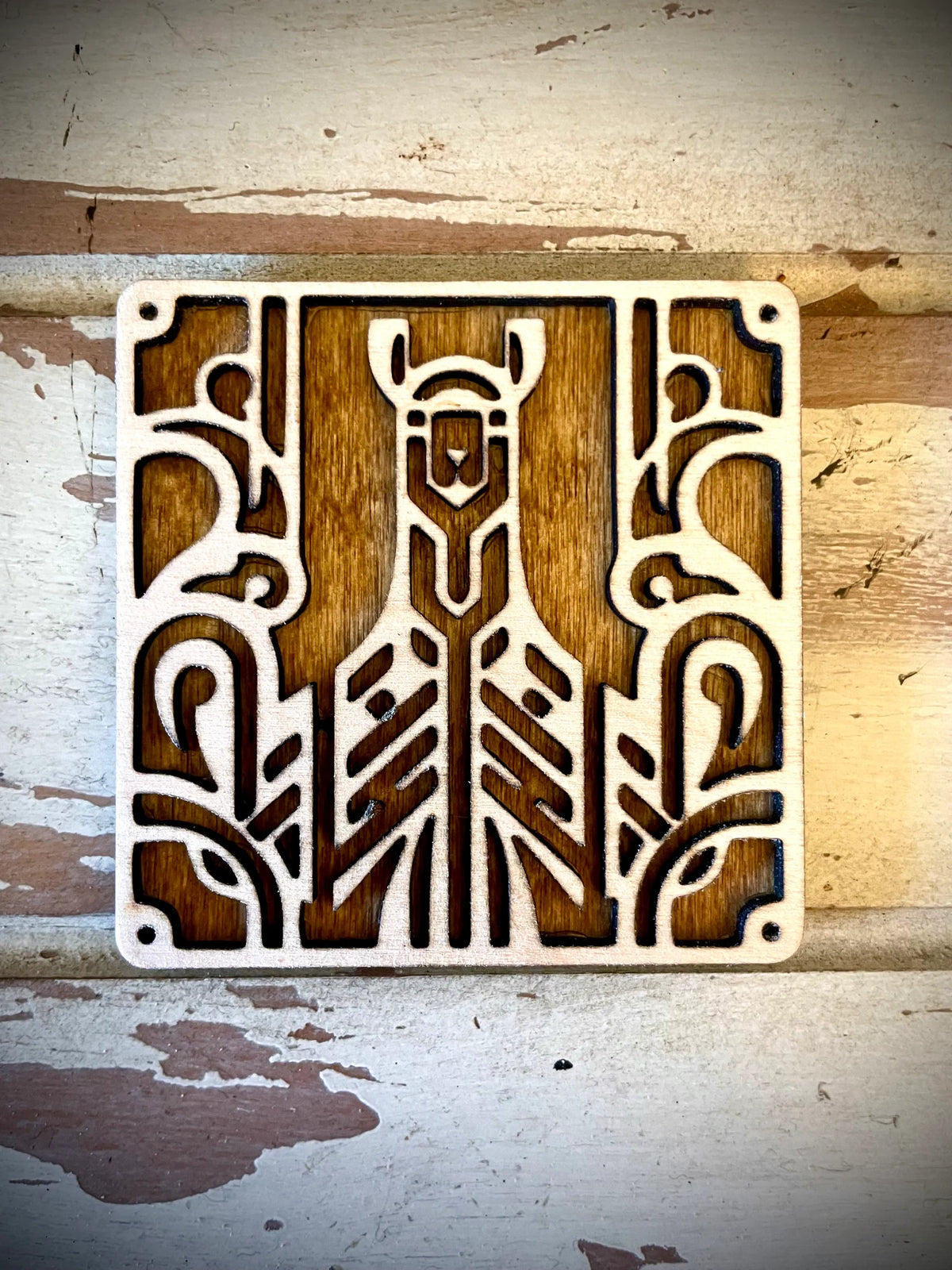 Boho Modern Art Deco Llama 2-Layer Square Wood Art - In Magnet or Larger Sizes