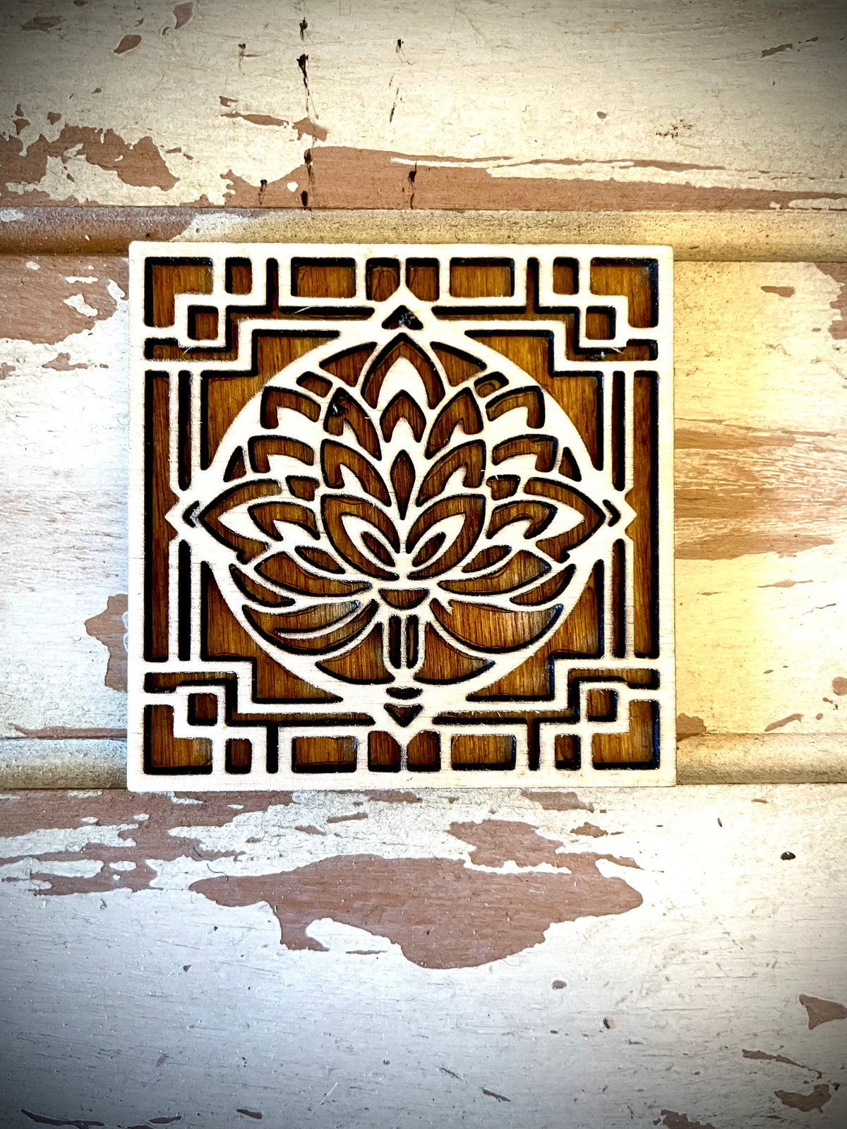 Boho Modern Art Deco Lotus 2-Layer Square Wood Art - In Magnet or Larger Sizes