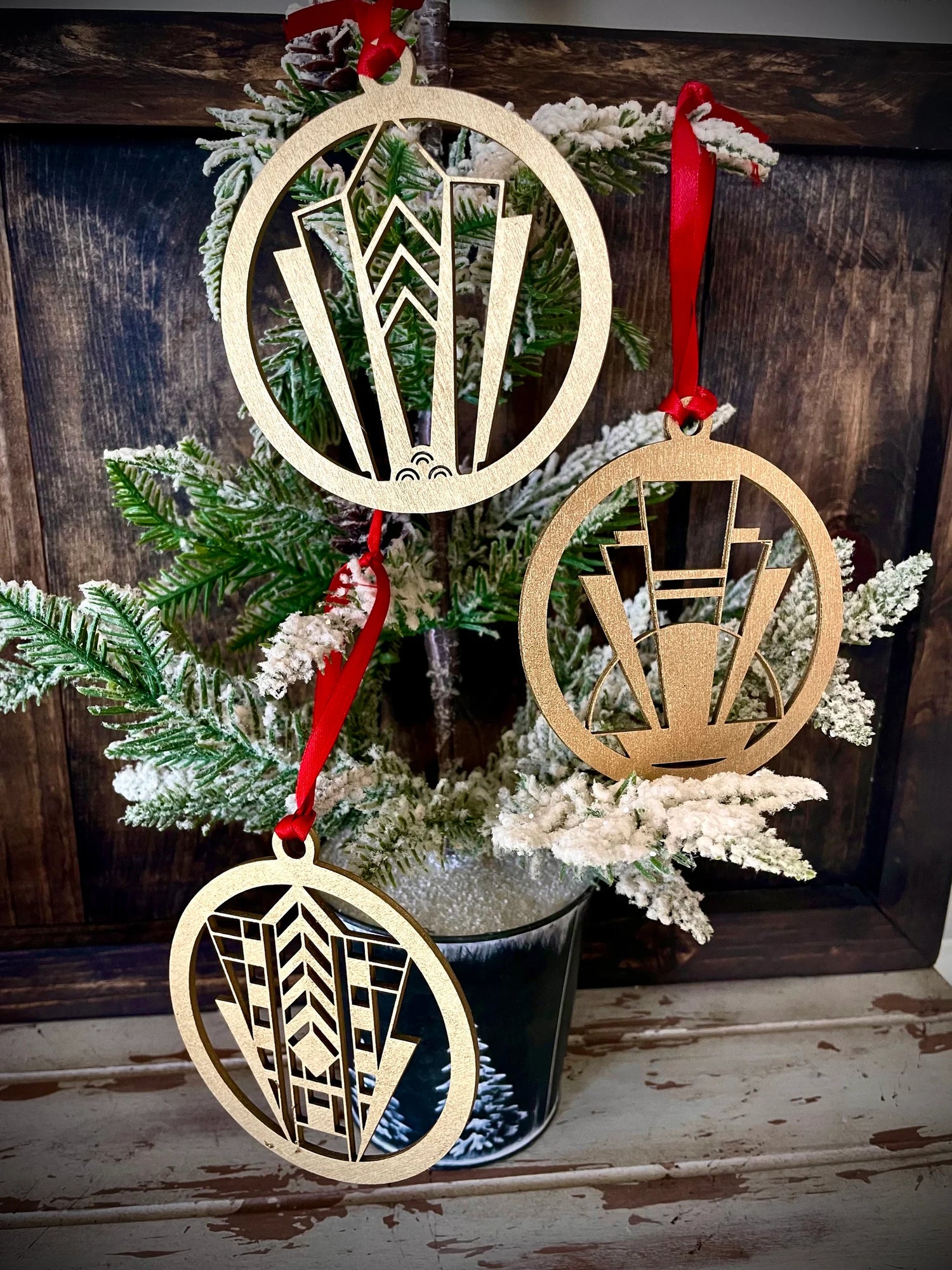 Boho Modern Art Deco Marquee Wood Christmas Ornaments