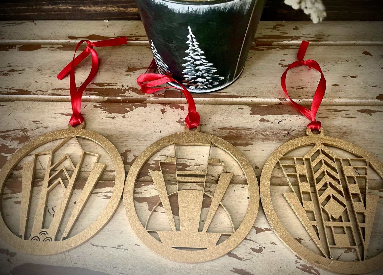 Boho Modern Art Deco Marquee Wood Christmas Ornaments
