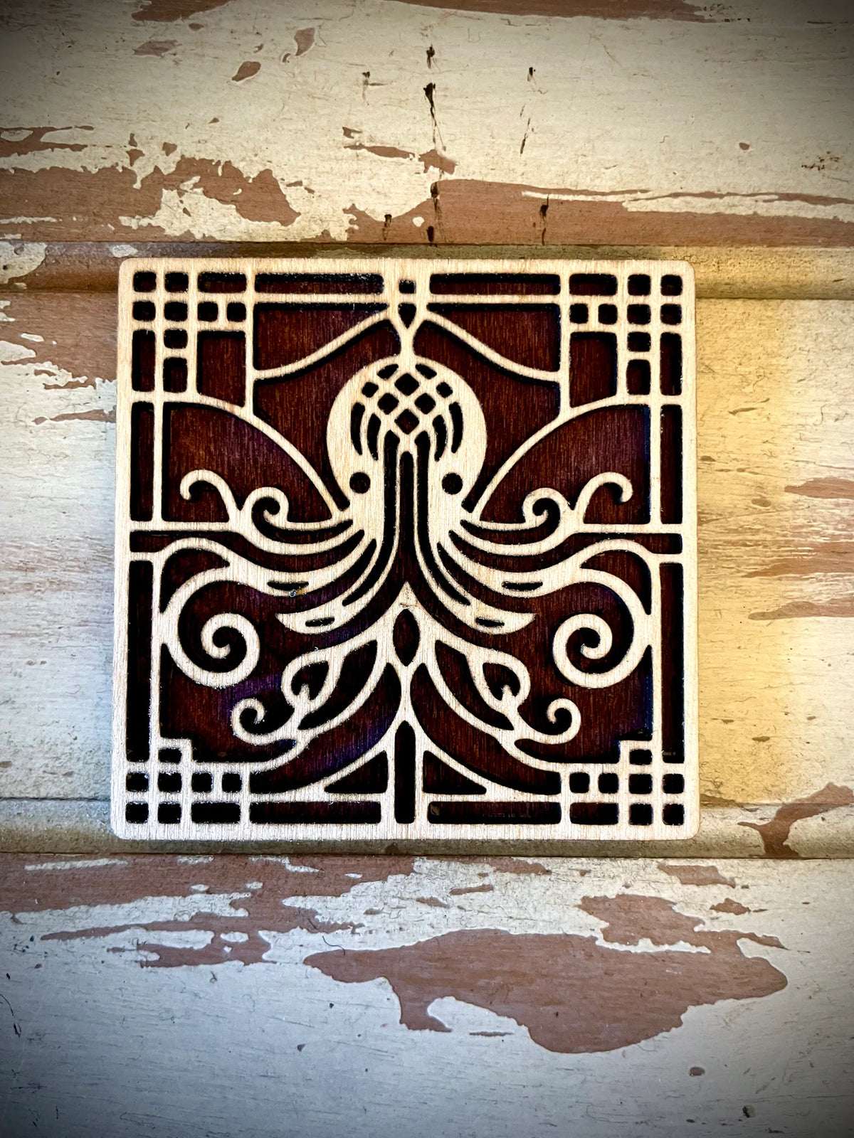 Boho Modern Art Deco Octopus 2-Layer Square Wood Art - In Magnet or Larger Sizes