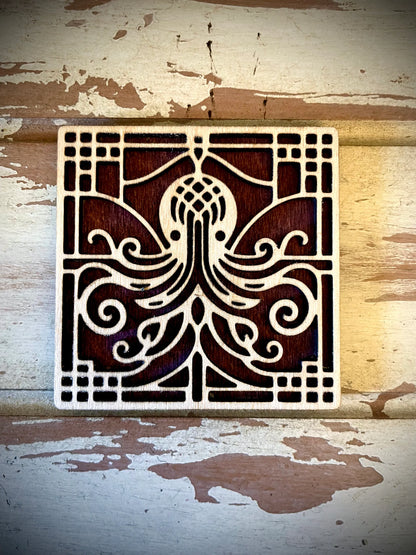 Boho Modern Art Deco Octopus 2-Layer Square Wood Art - In Magnet or Larger Sizes