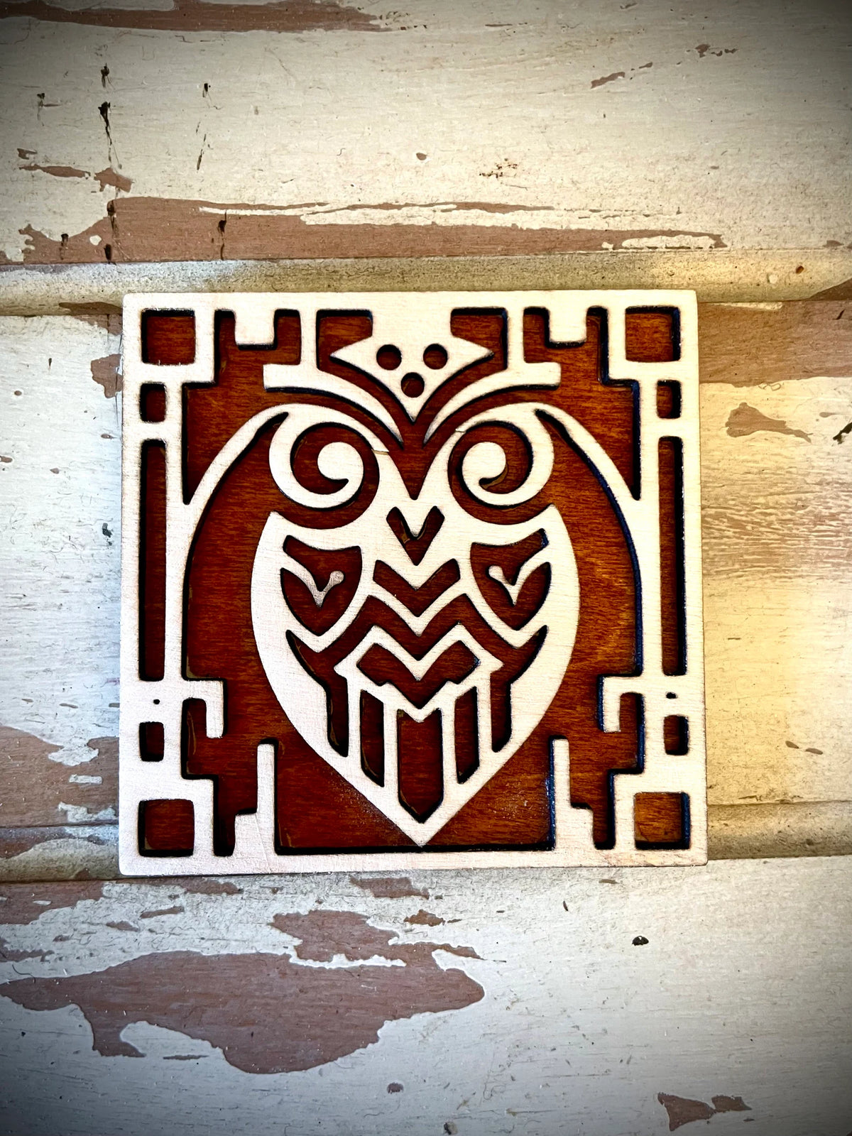 Boho Modern Art Deco Owl 2-Layer Square Wood Art - In Magnet or Larger Sizes