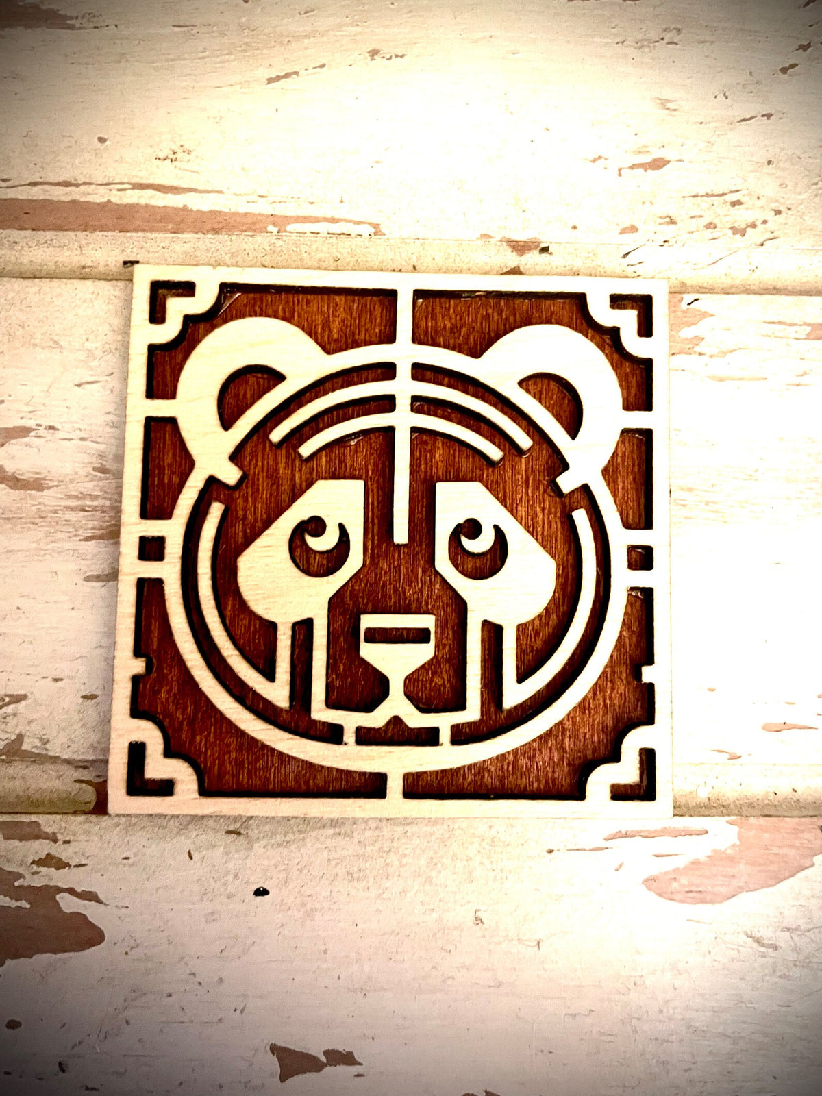 Boho Modern Art Deco Panda Bear 2-Layer Square Wood Art - In Magnet or Larger Sizes