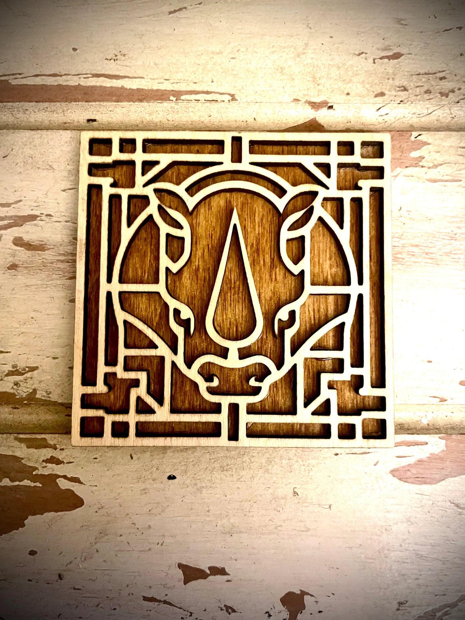Boho Modern Art Deco Rhinoceros Rhino 2-Layer Square Wood Art - In Magnet or Larger Sizes