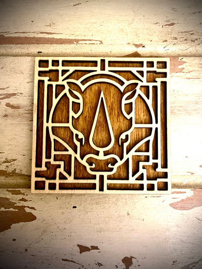 Boho Modern Art Deco Rhinoceros Rhino 2-Layer Square Wood Art - In Magnet or Larger Sizes