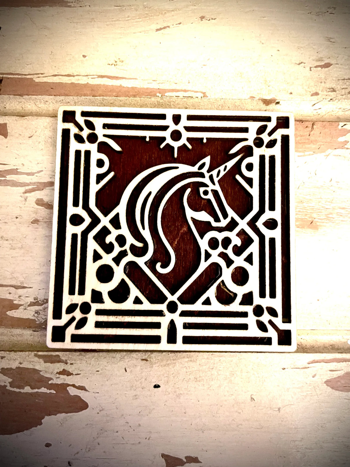 Boho Modern Art Deco Unicorn 2-Layer Square Wood Art - In Magnet or Larger Sizes