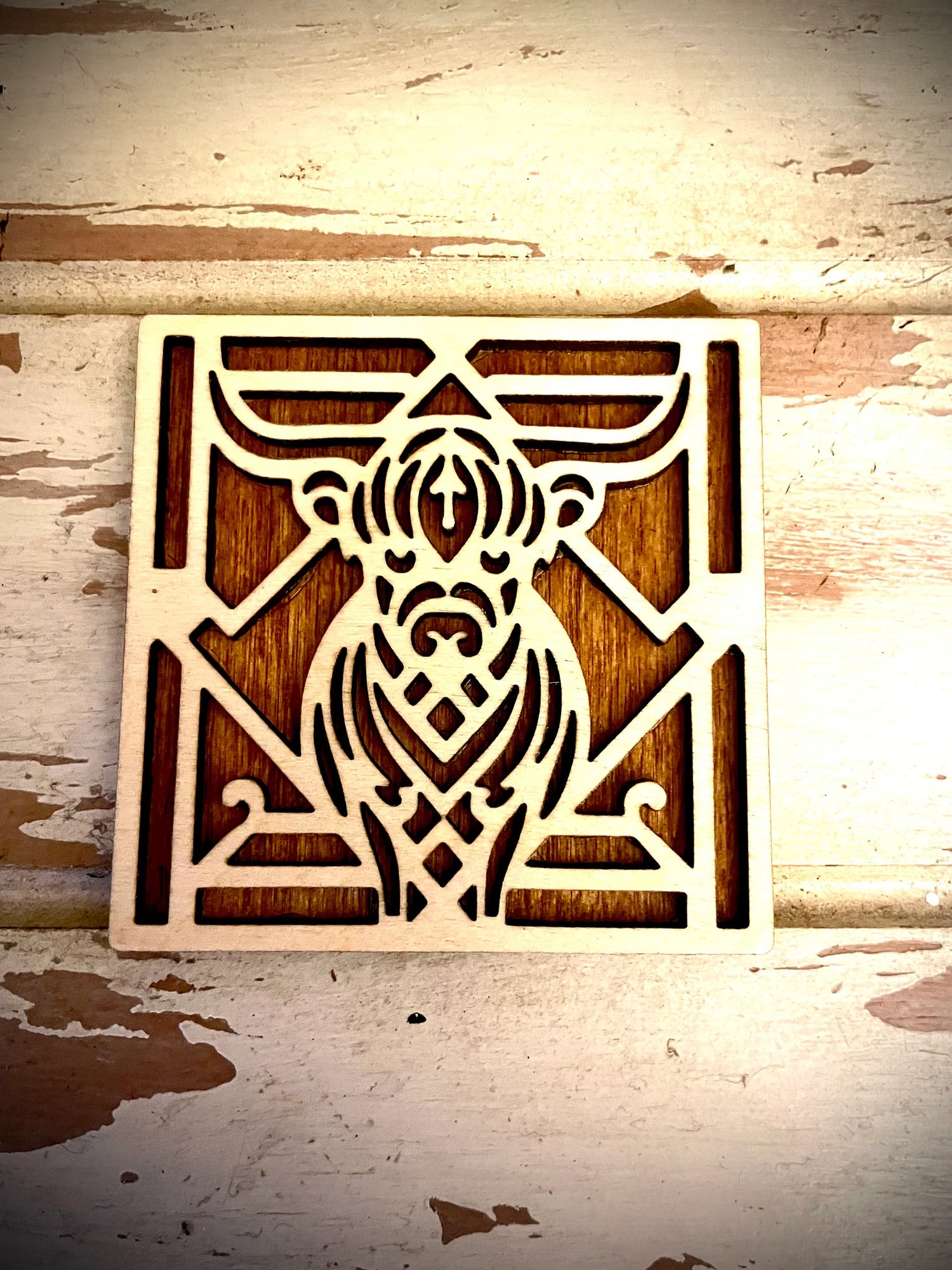 Boho Modern Art Deco Scottish Highland Cattle Highland Cow 2-Layer Square Wood Art - In Magnet or Larger Sizes