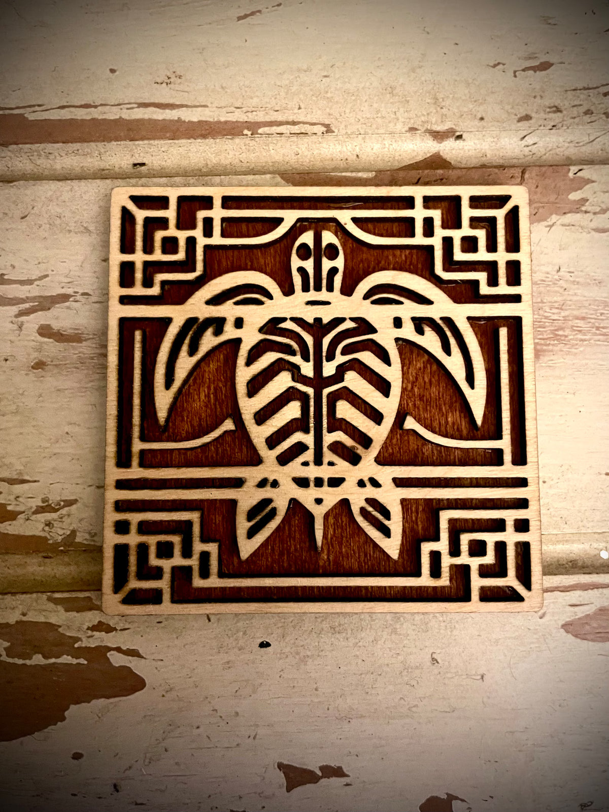 Boho Modern Art Deco Sea Turtle 2-Layer Square Wood Art - In Magnet or Larger Sizes
