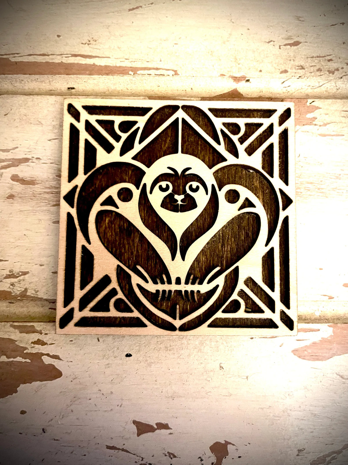 Boho Modern Art Deco Sloth 2-Layer Square Wood Art - In Magnet or Larger Sizes