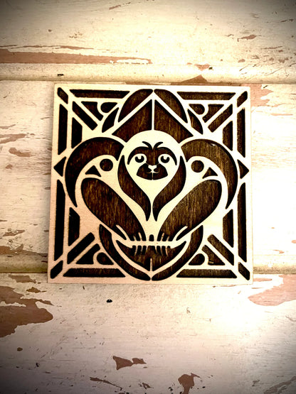 Boho Modern Art Deco Sloth 2-Layer Square Wood Art - In Magnet or Larger Sizes