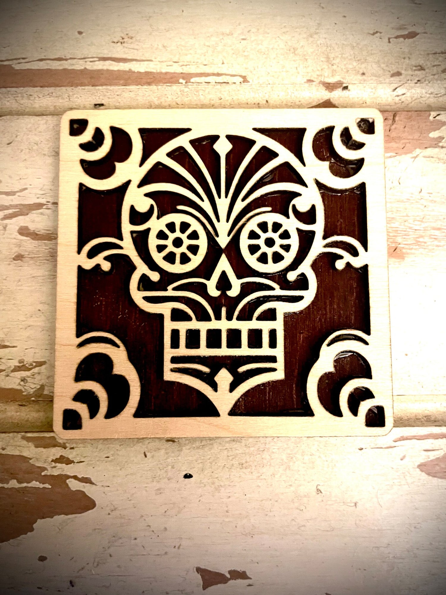 Boho Modern Art Deco Sugar Skull 2-Layer Square Wood Art - In Magnet or Larger Sizes