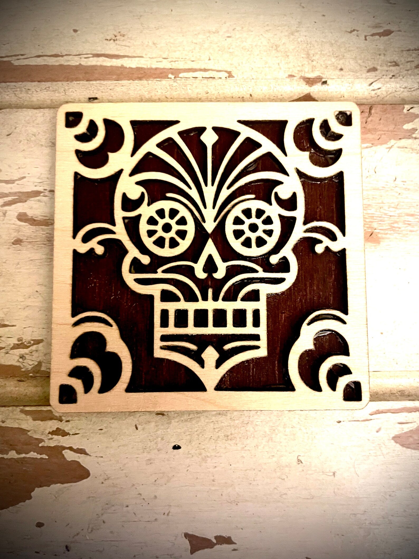 Boho Modern Art Deco Sugar Skull 2-Layer Square Wood Art - In Magnet or Larger Sizes