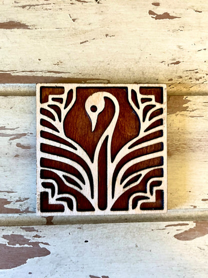 Boho Modern Art Deco Swan 2-Layer Square Wood Art - In Magnet or Larger Sizes