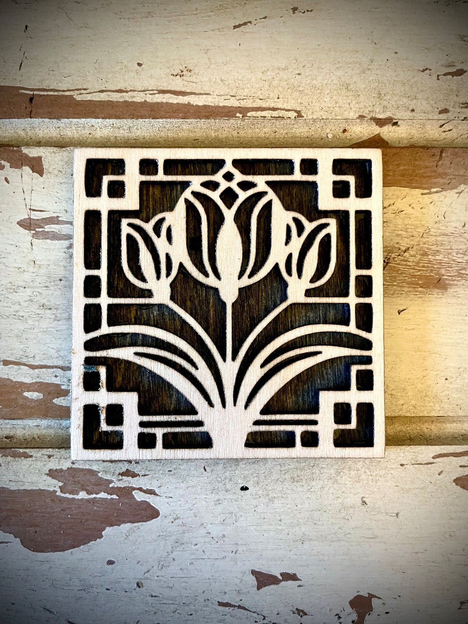 Boho Modern Art Deco Tulips 2-Layer Square Wood Art - In Magnet or Larger Sizes