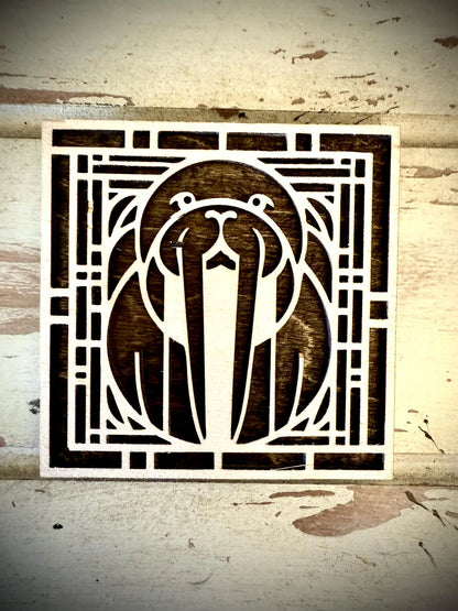 Boho Modern Art Deco Walrus 2-Layer Square Wood Art - In Magnet or Larger Sizes