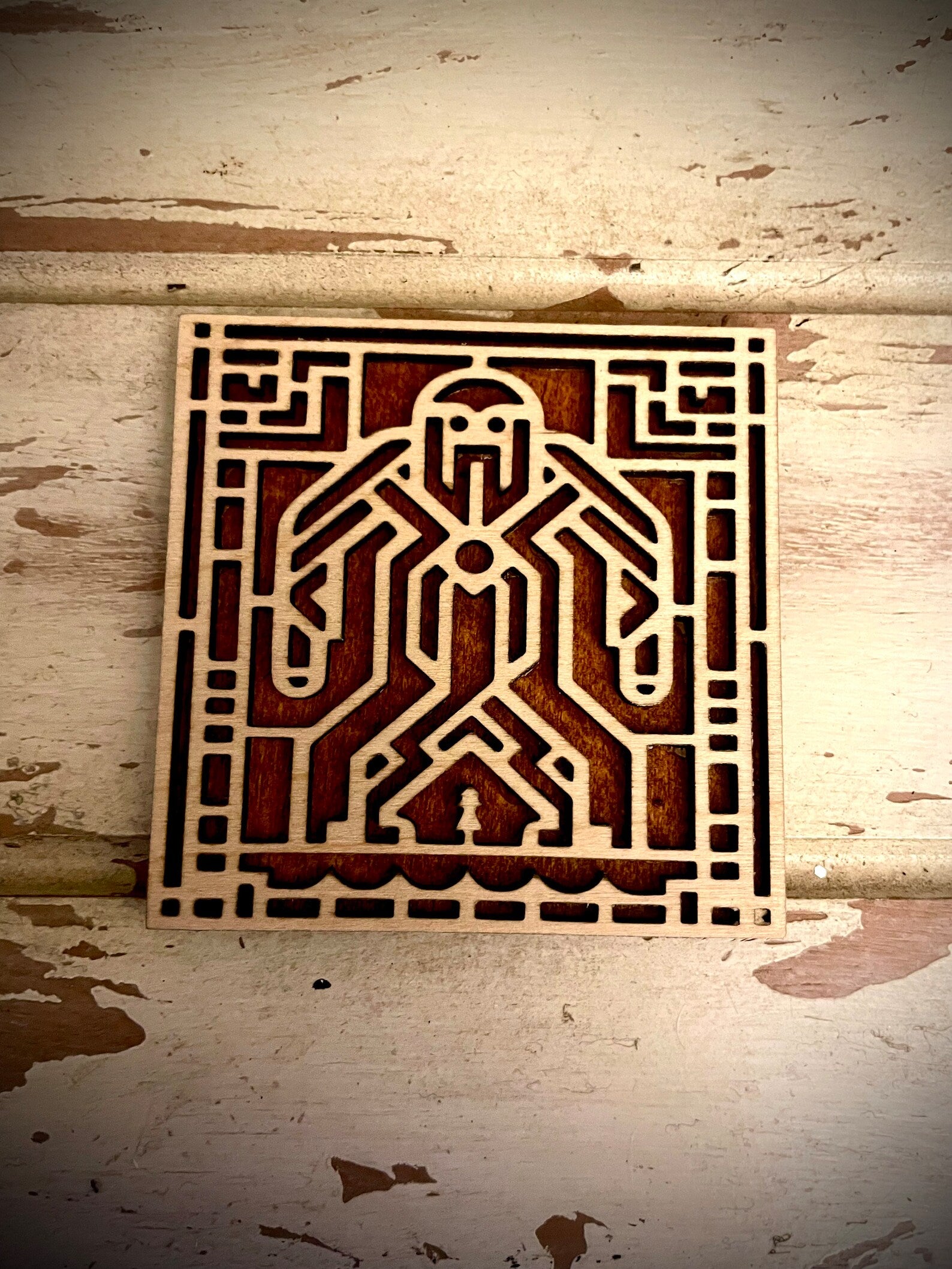 Boho Modern Art Deco Yeti Bigfoot Sasquatch 2-Layer Square Wood Art - In Magnet or Larger Sizes