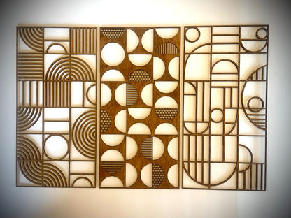 Boho Modern Bauhaus Style 3-Panel Wood Wall Art, Set B