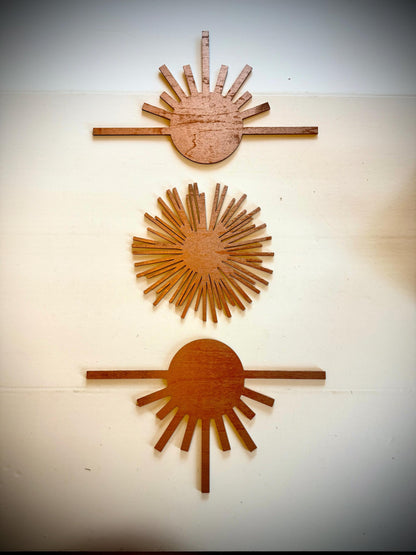 Boho Modern Frank Lloyd Wright-Inspired Abstract and Sunburst Element 3-Panel Wood Wall Art