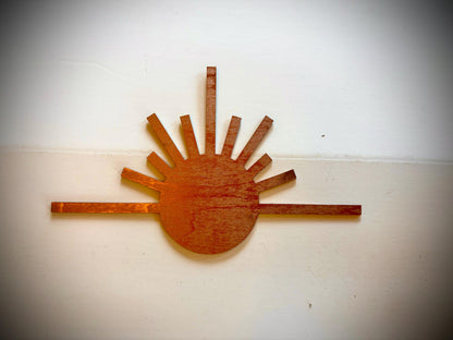 Boho Modern Frank Lloyd Wright-Inspired Abstract and Sunburst Element 3-Panel Wood Wall Art