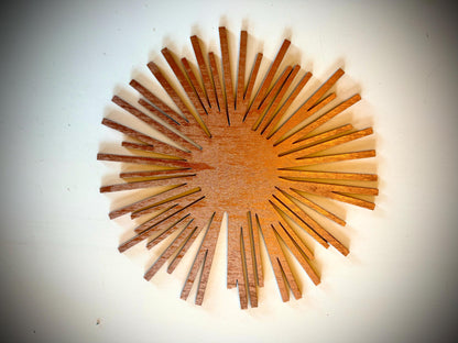 Boho Modern Frank Lloyd Wright-Inspired Abstract and Sunburst Element 3-Panel Wood Wall Art