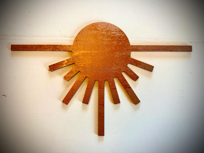 Boho Modern Frank Lloyd Wright-Inspired Abstract and Sunburst Element 3-Panel Wood Wall Art