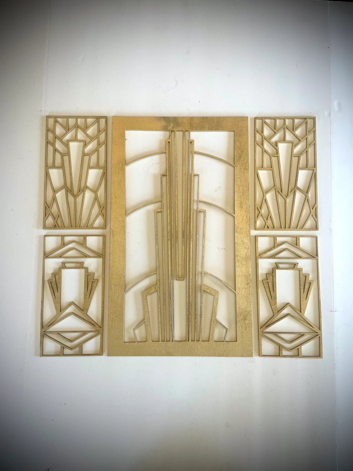Boho Modern Frank Lloyd Wright-Inspired Art Deco 5-Panel Wood Wall Art, Set V
