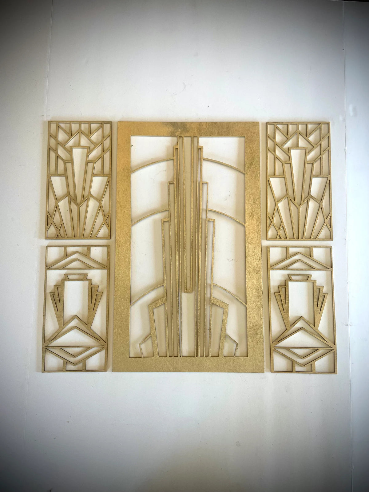 Boho Modern Frank Lloyd Wright-Inspired Art Deco 5-Panel Wood Wall Art, Set V - Mid Century Modern Gal