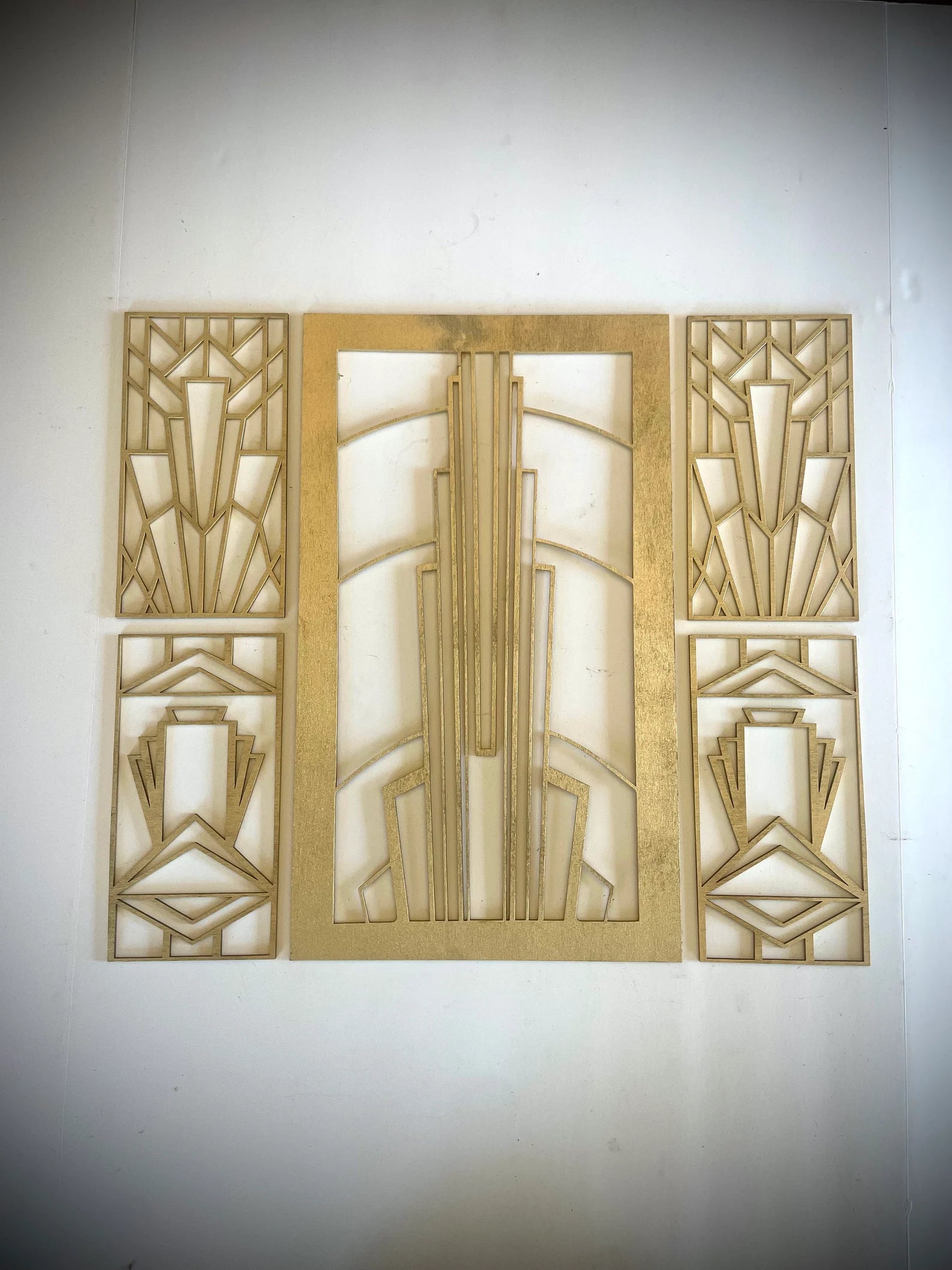 Boho Modern Frank Lloyd Wright-Inspired Art Deco 5-Panel Wood Wall Art, Set V