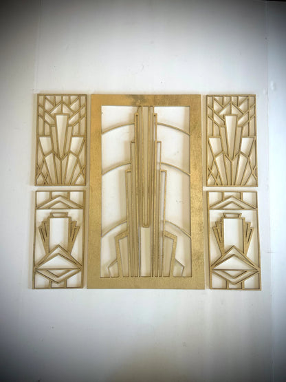 Boho Modern Frank Lloyd Wright-Inspired Art Deco 5-Panel Wood Wall Art, Set V