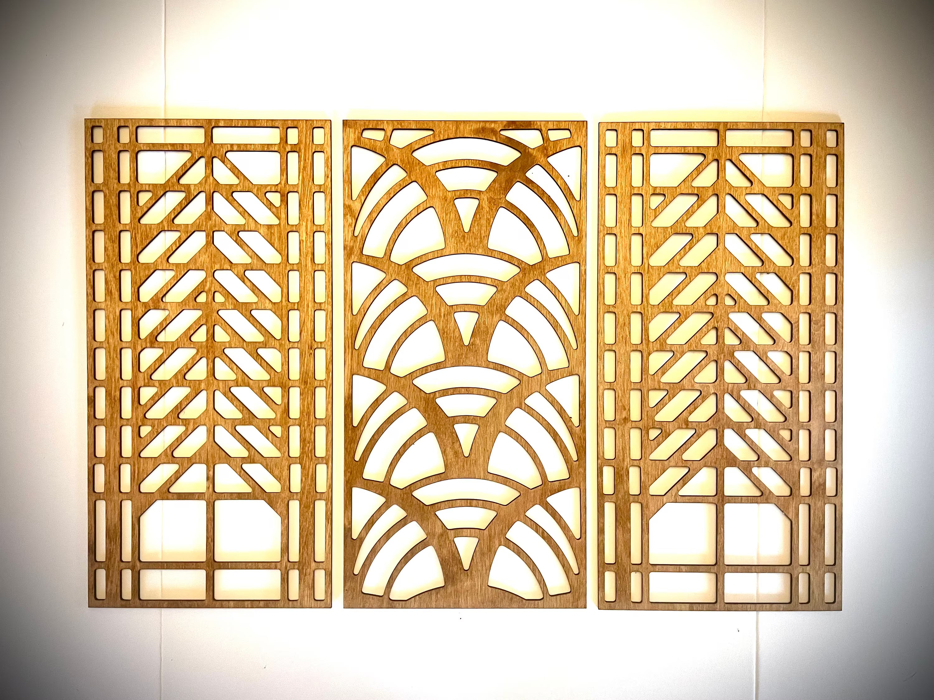 Boho Modern Frank Lloyd Wright-Inspired Art Deco Curves 3-Panel Wood Wall Art, Set P