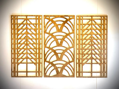 Boho Modern Frank Lloyd Wright-Inspired Art Deco Curves 3-Panel Wood Wall Art, Set P