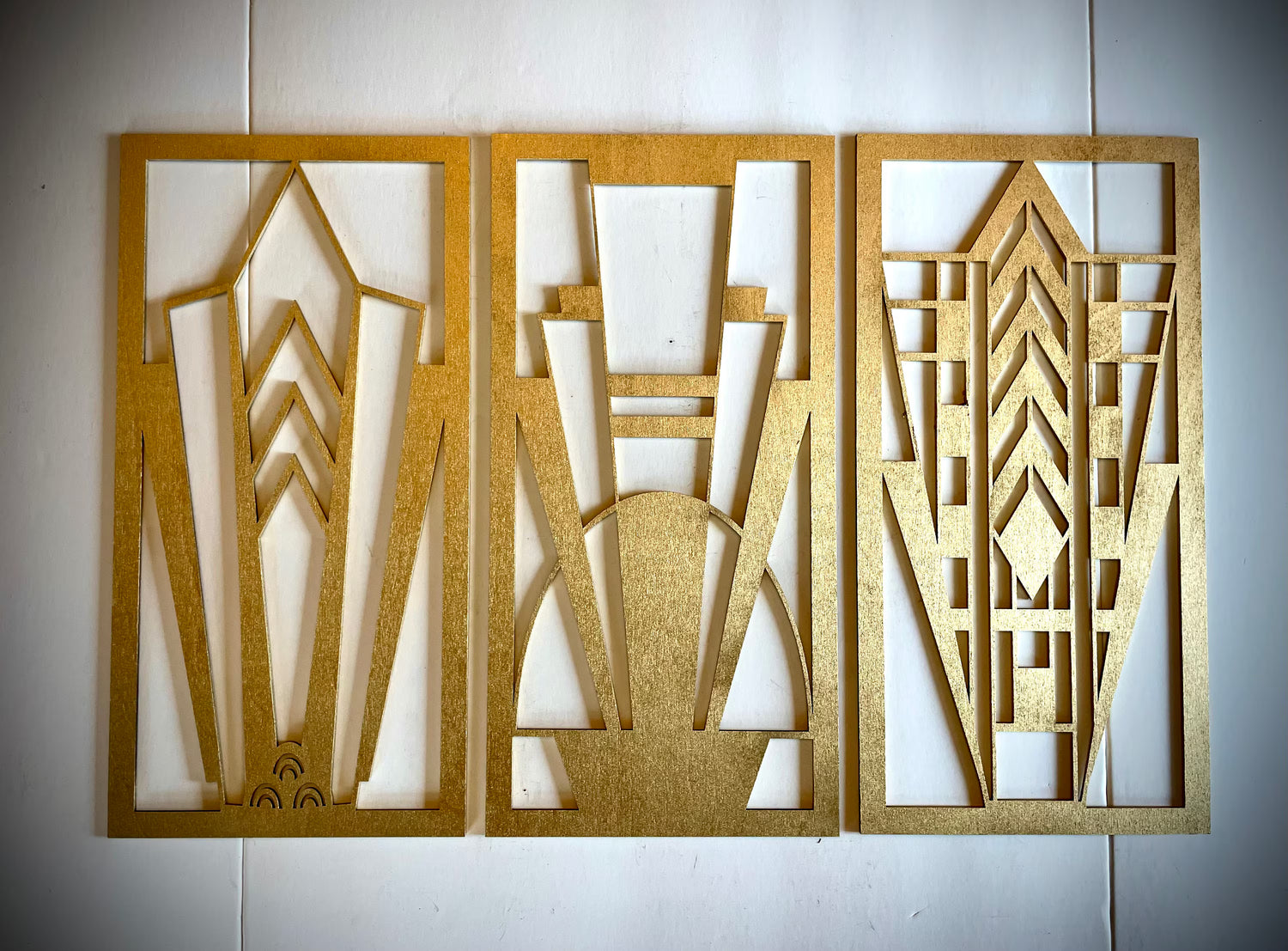 Boho Modern Frank Lloyd Wright-Inspired Art Deco Framed Marquees 3-Panel Wood Wall Art