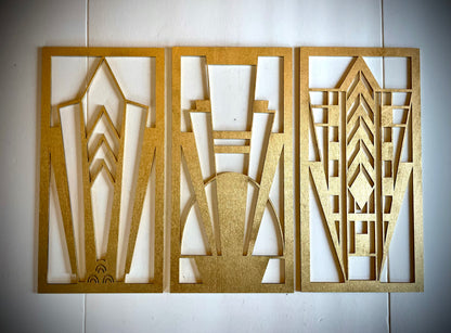 Boho Modern Frank Lloyd Wright-Inspired Art Deco Framed Marquees 3-Panel Wood Wall Art