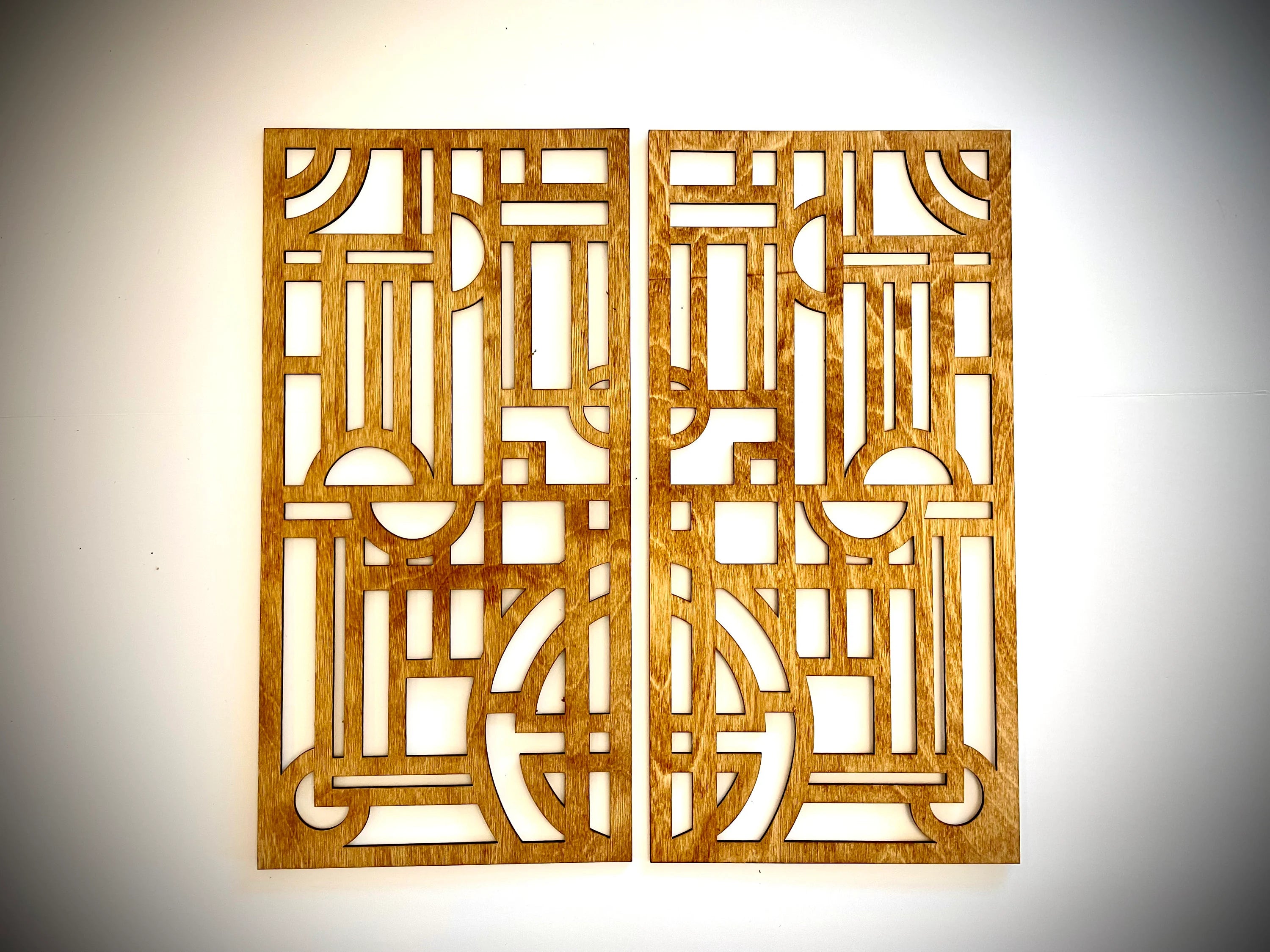 Boho Modern Frank Lloyd Wright-Inspired Art Deco Geometry 2-Panel Wood Wall Art, Set B