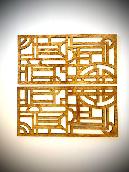 Boho Modern Frank Lloyd Wright-Inspired Art Deco Geometry 2-Panel Wood Wall Art, Set B