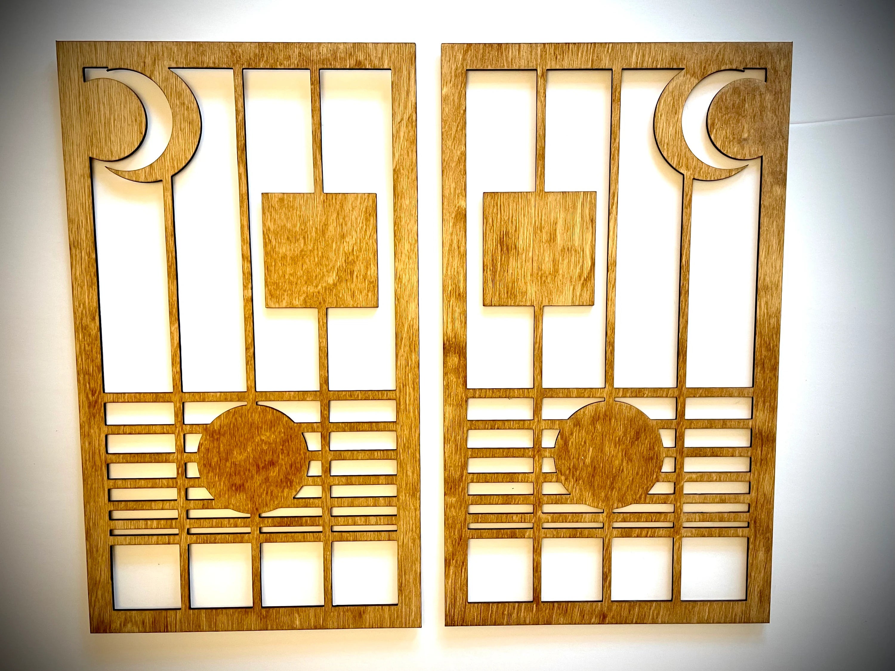 Boho Modern Frank Lloyd Wright-Inspired Art Deco Geometry 2-Panel Wood Wall Art, Set I