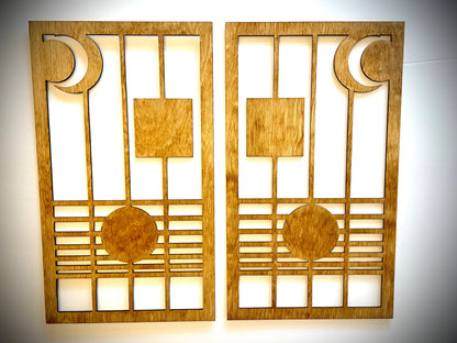 Boho Modern Frank Lloyd Wright-Inspired Art Deco Geometry 2-Panel Wood Wall Art, Set I