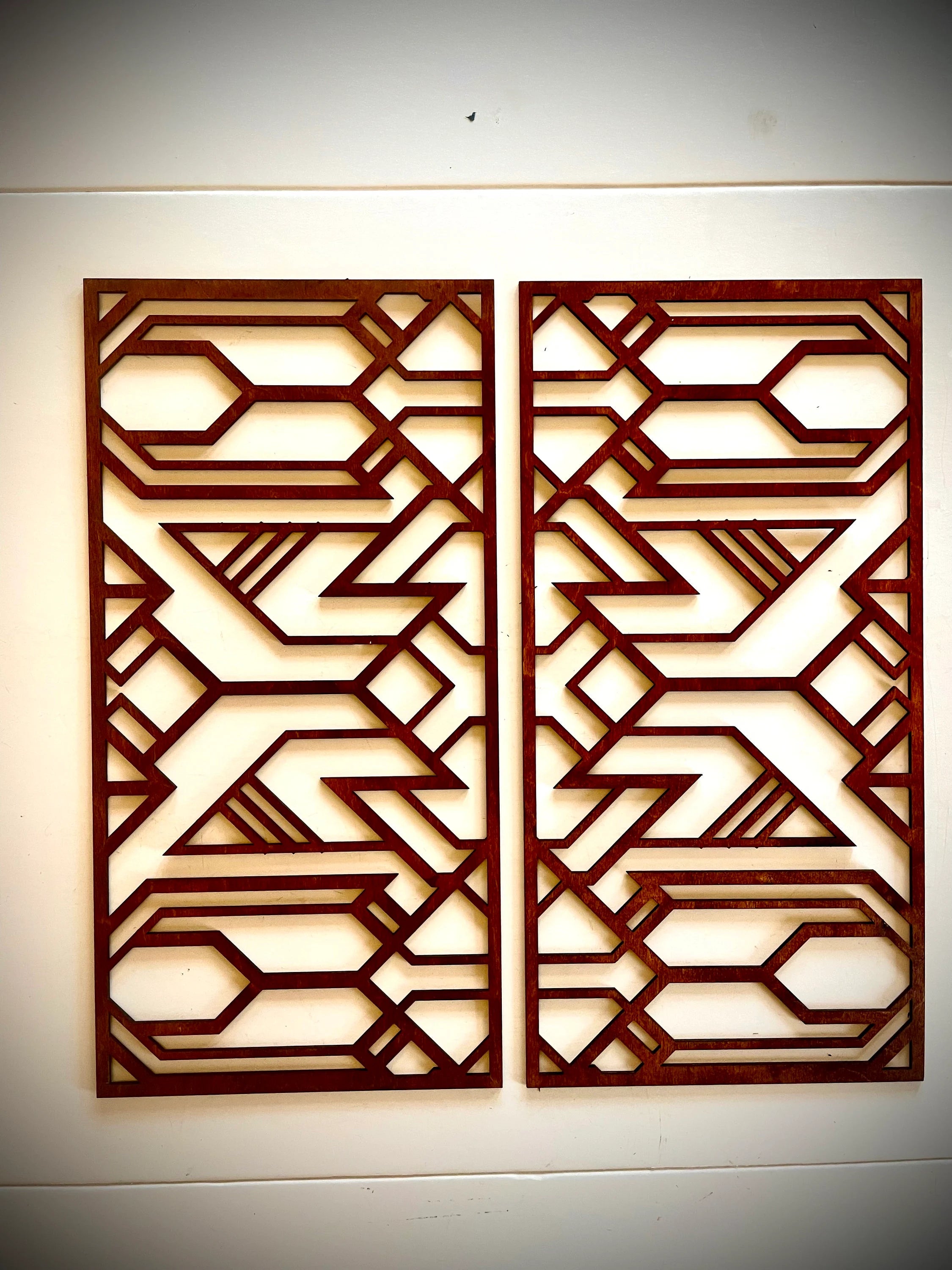 Boho Modern Frank Lloyd Wright-Inspired Art Deco Geometry 2-Panel Wood Wall Art, Set N