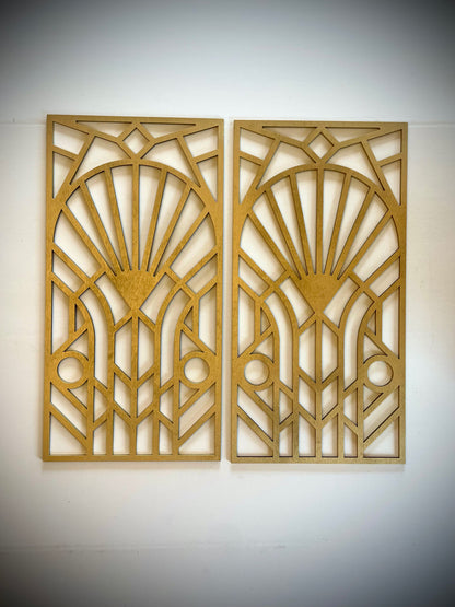 Boho Modern Frank Lloyd Wright-Inspired Art Deco Geometry 2-Panel Wood Wall Art, Set X